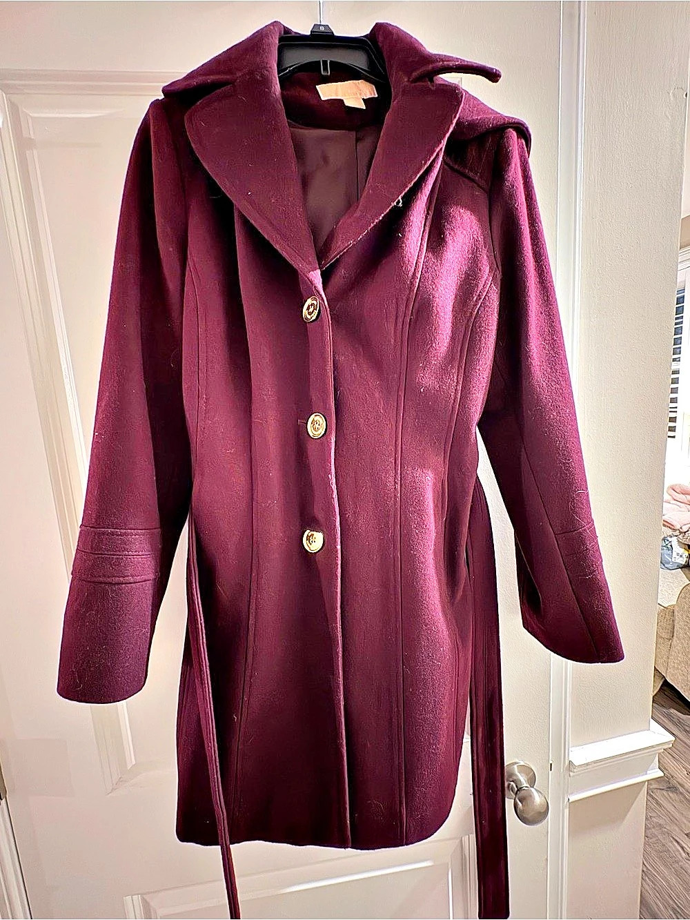 Michael Kors Belted Wool-Blend Coat in Purple Size 10 Like New